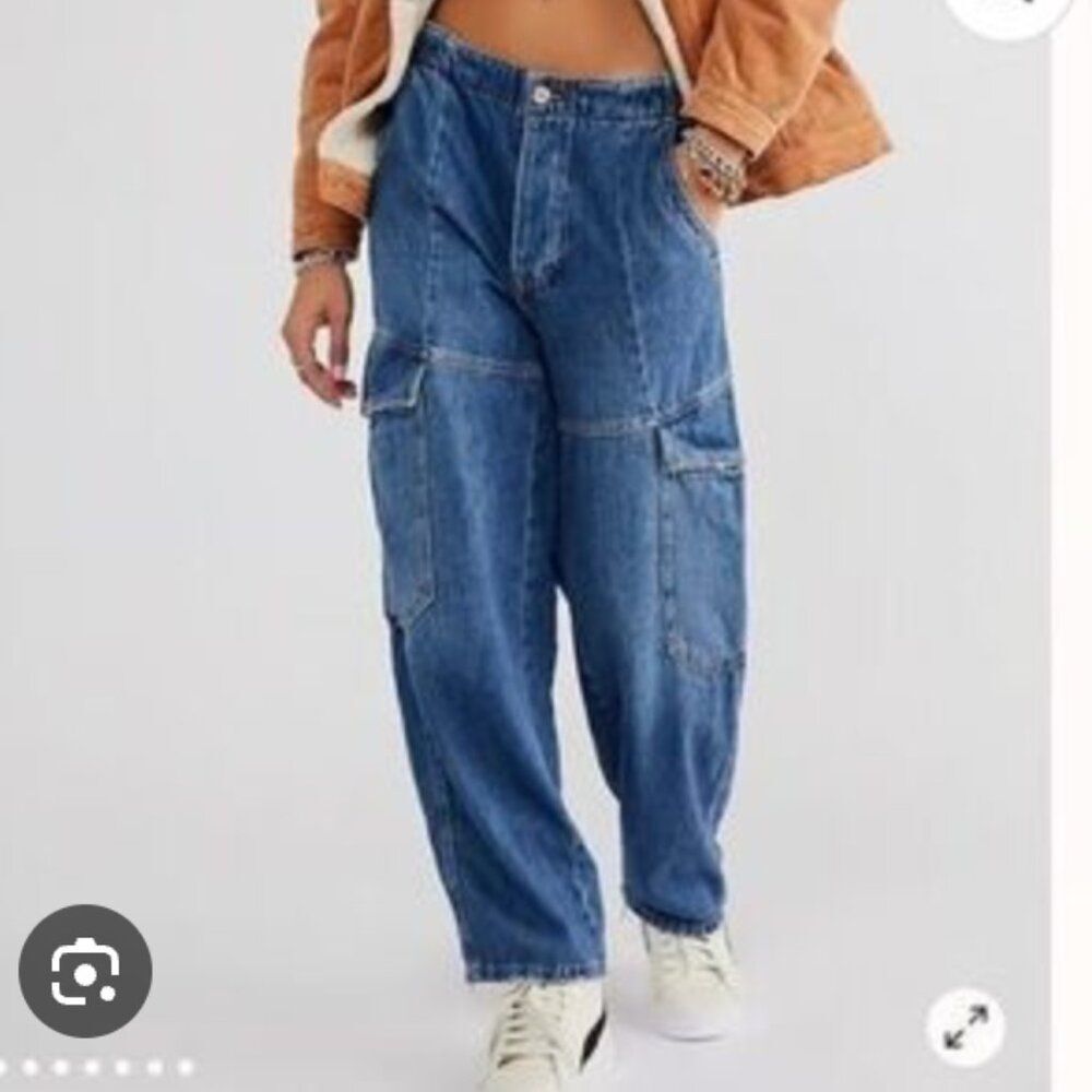 Free People All Star Pull On Jeans Utility Cargo Low Slung Baggy Denim Dark szxs